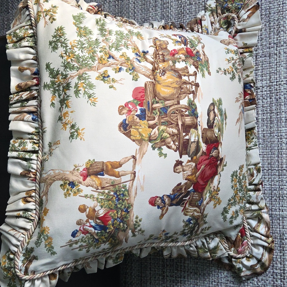French Country Toile Ruffled Throw Pillows with Rustic Scene - Picture 16 of 17